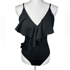 CUPSHE Black Ruffle One Piece Swimsuit Size S V-Neck Flounce